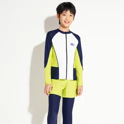 Boy Two Piece Swimwear Long Sleeve Solid Color Patchwork 9-16 Years Teenager Sunscreen Rash Guard Wetsuit Bathing Suit