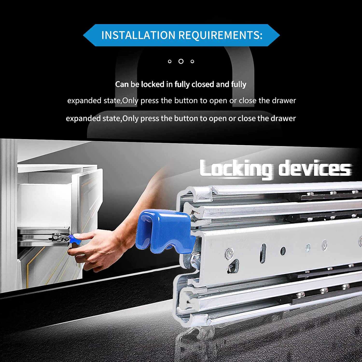 Picture 4: 10-80ft Heavy Loading With Lock 500LBS Heavy Duty Drawer Slide Sliding Drawer Rail Ball Bearing Full Extension 3-Fold Guide Rail