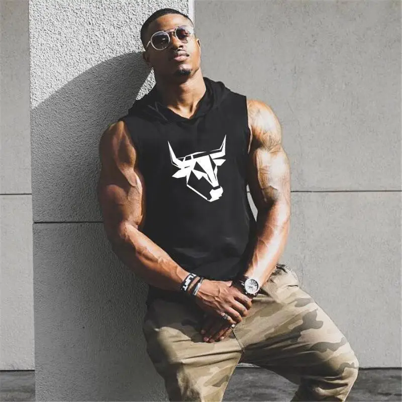 

Summer Muscular Men Bodybuilding Fitness Sports Hooded Vest Men, Letter Loose Hurdle Training Vest Sleeveless T-Shirt Cotton
