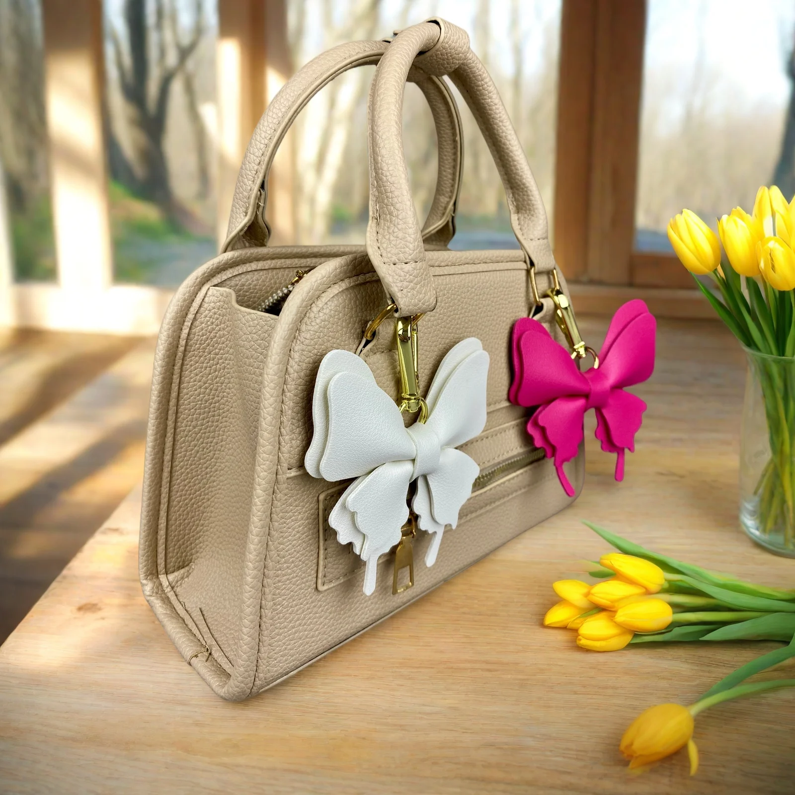 Handcrafted Elegant Butterfly Leather Keychain Double-Layer Wing Design with Premium Light Gold Hook Bag Charm Gift Accessory