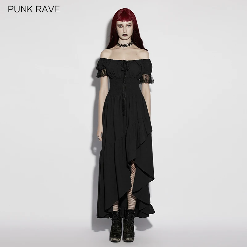PUNK RAVE Women's Gothic Cotton Dark Patterned Jacquard Pleated Lace Collar Dress High-low Skirt Hem Party Long Dresses