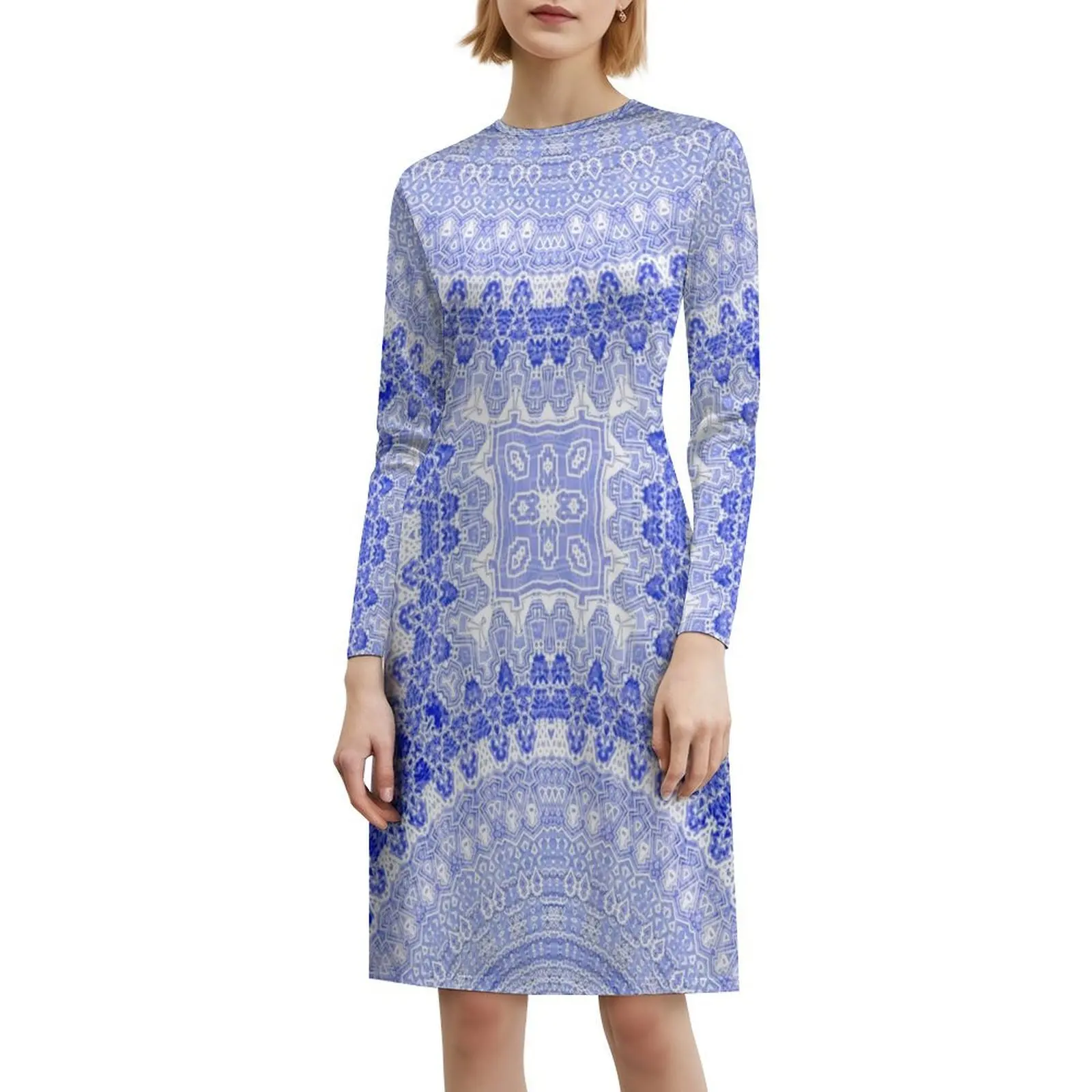 فستان قصير على طراز ماندالا باللون الأزرق للأطفال للنساء على شكل حرف a فستان يوم غير رسمي فضفاض بنصف ماندالا بنمط أزرق للأطفال #6