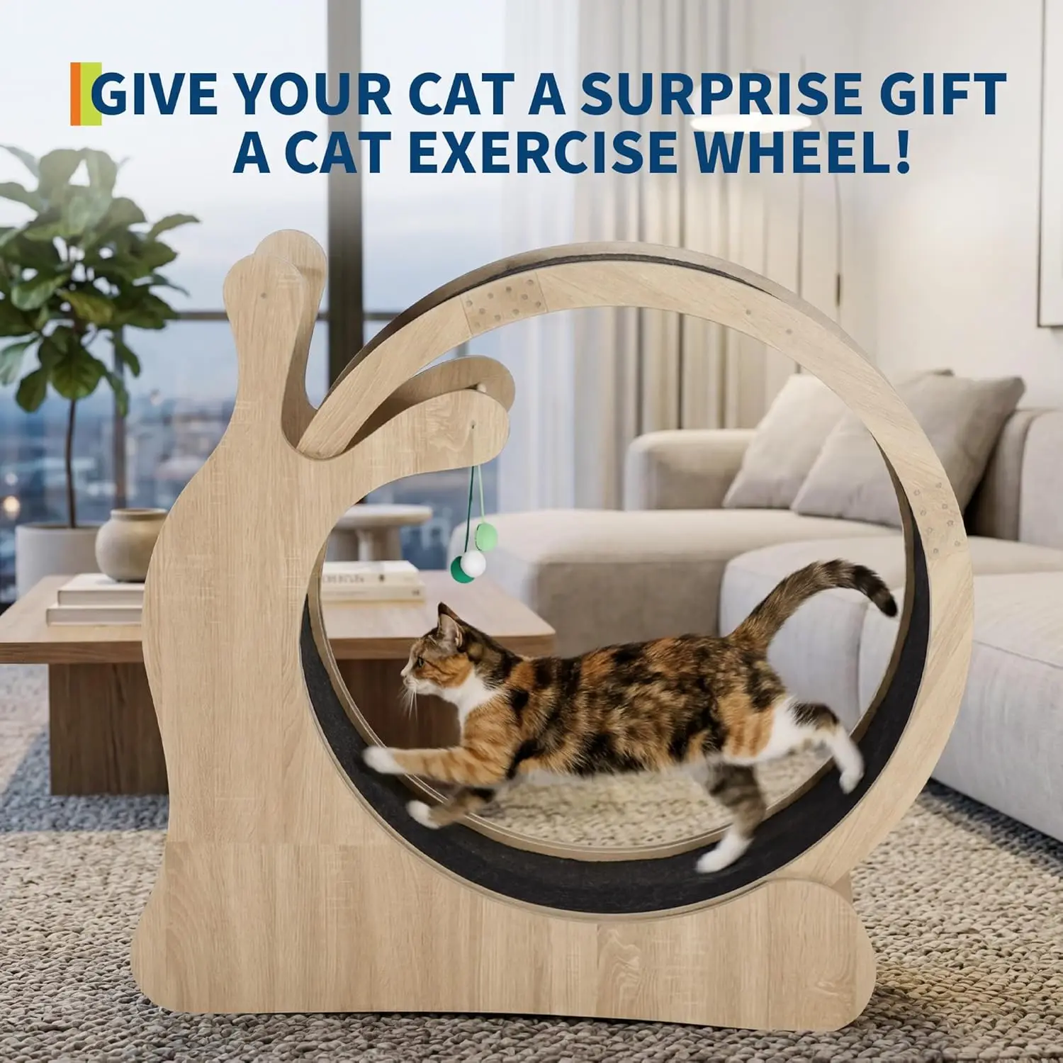 45'' Cat Exercise Wheel, Quiet Indoor Cat Treadmill, Built‑In Scratching Board,Interactive Play Balls,Anti‑Slip Design,Removable Carpet,For Indoor Cat Daily Fitness