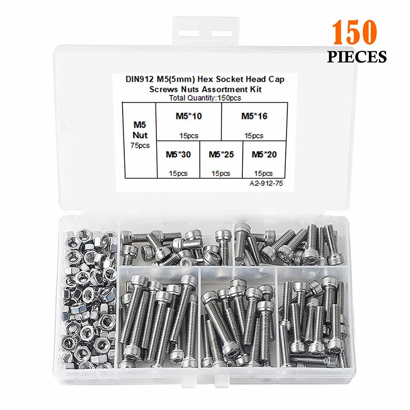 M3 M4 M5 Hex Hexagon Socket Cap Head Screw Set 304 Stainless Steel DIN912 Screw Bolt and Nut Assortment Kit 150/220/300PCS