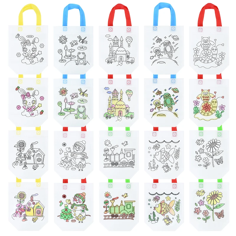 20pcs/set Coloring Graffiti Bags Children's Hand-made Cartoon Art DIY Painting Bag Birthday Party Non Woven Gift Bag with Handle