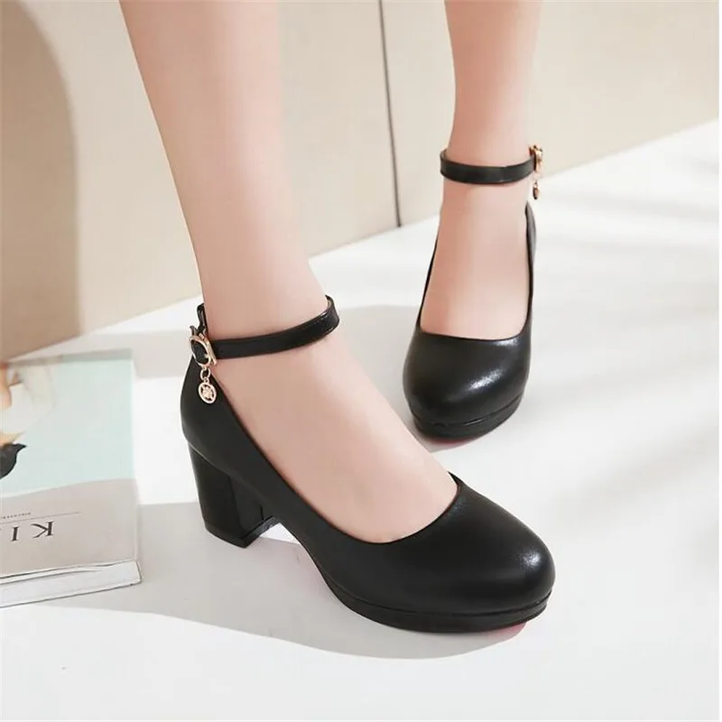 

Fashion Women Platform Pumps 6cm High Chunky Heels Red Black Casual Wedding Party Office Ladies Ankle Strap Shoes Size 32-43