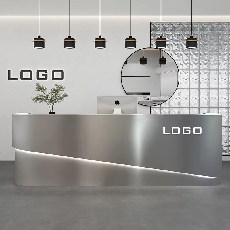 مخصص. الحد الأدنى مكتب الاستقبال الحديث منحني الفولاذ المقاوم للصدأ الجبهة مكافحة متجر الملابس الفاخرة الخروج صالون الحلاقة/B