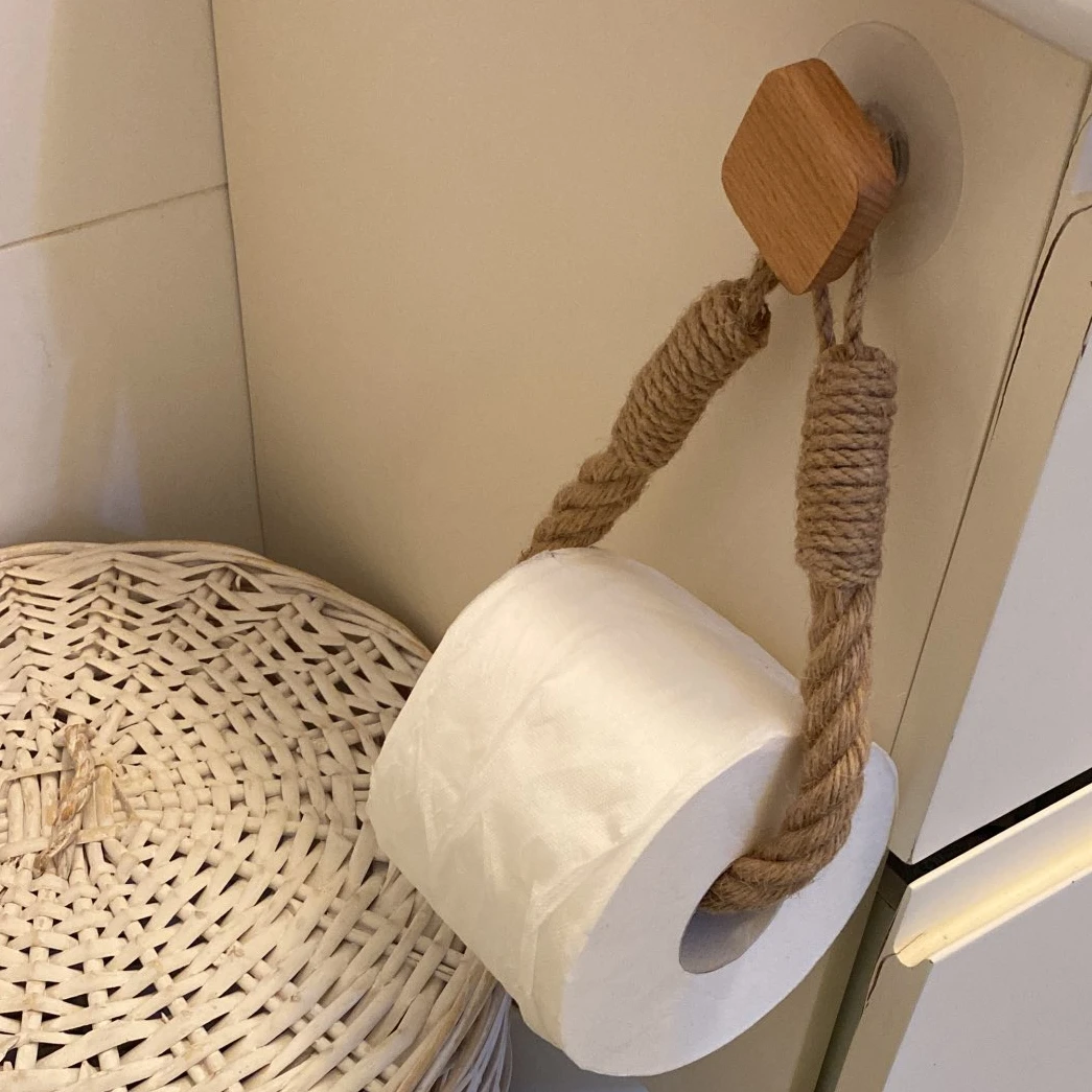 Nail-free Paper Towel Holders Towel Rack Bathroom Towel Hook Toilet Paper Holder Towel Rack Beige Hemp Roll Paper Holder