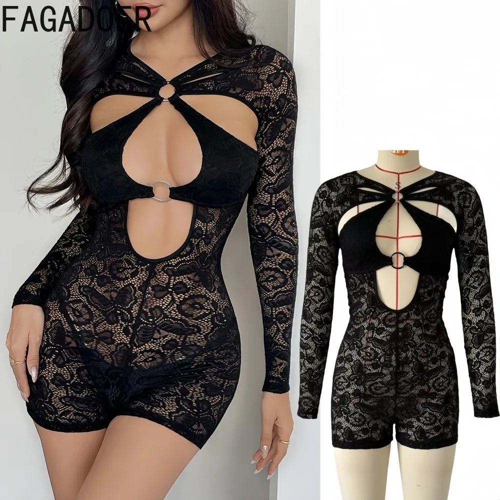 FAGADOER Sexy Lace Hollow-out Patchwork Bodycon Rompers Women See Through Long Sleeves Jumpsuit Female Streetwear Overalls New