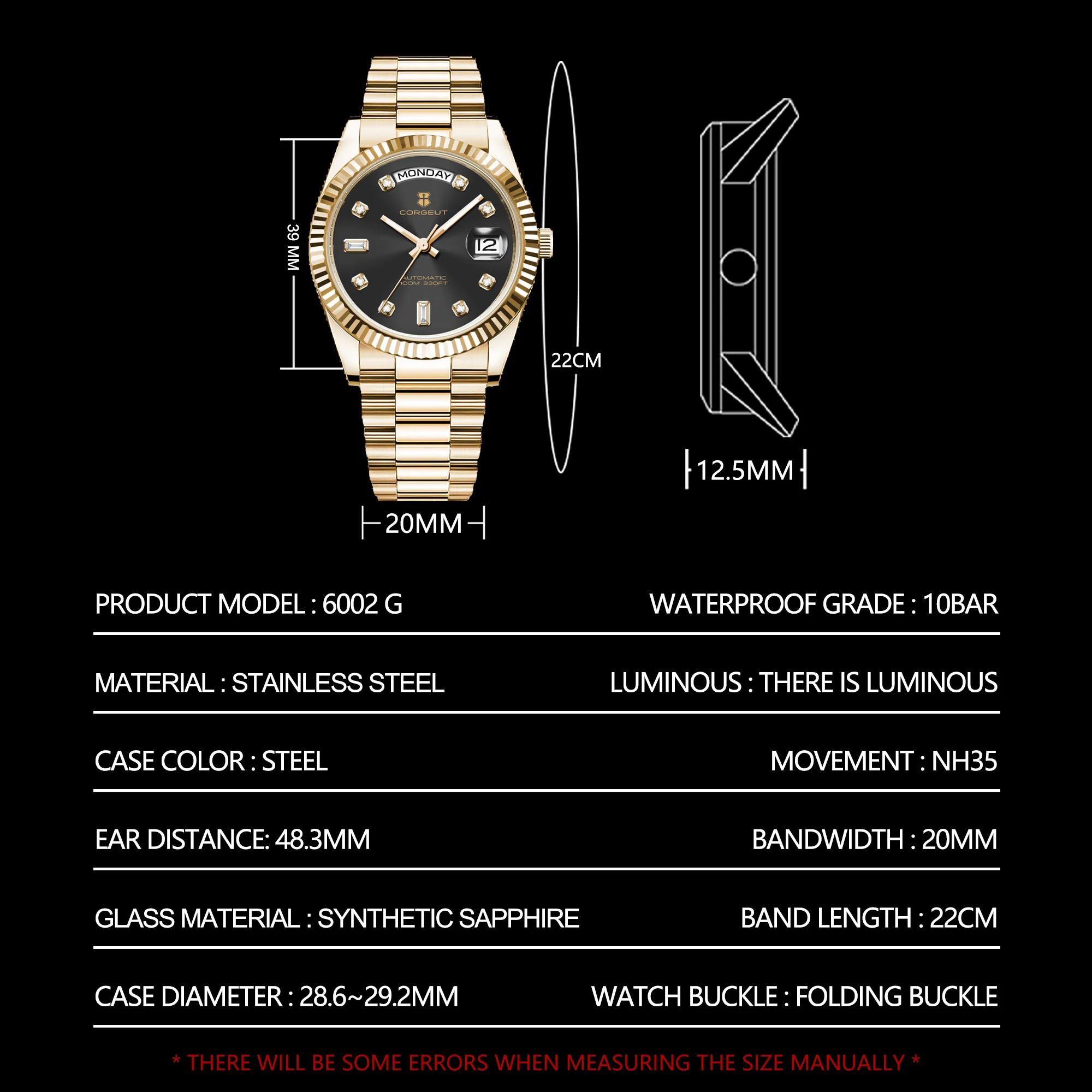 Custom Logo Watch Automatic 36/39MM Men's Watch Sapphire ST1644 Gold Luxury Waterproof Diving Watch for Men Corgeut