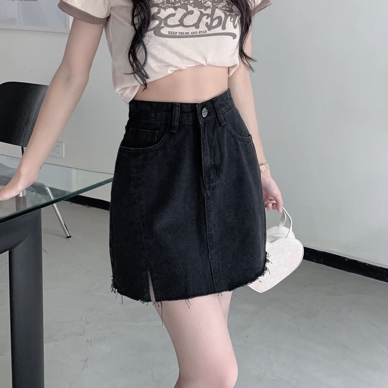Dżinsowa spódnica z wysokim stanem damska, rozkloszowana, z rozcięciem, wyszczuplająca, rozszerzana, w stylu koreańskim, do pracy, jednolita.