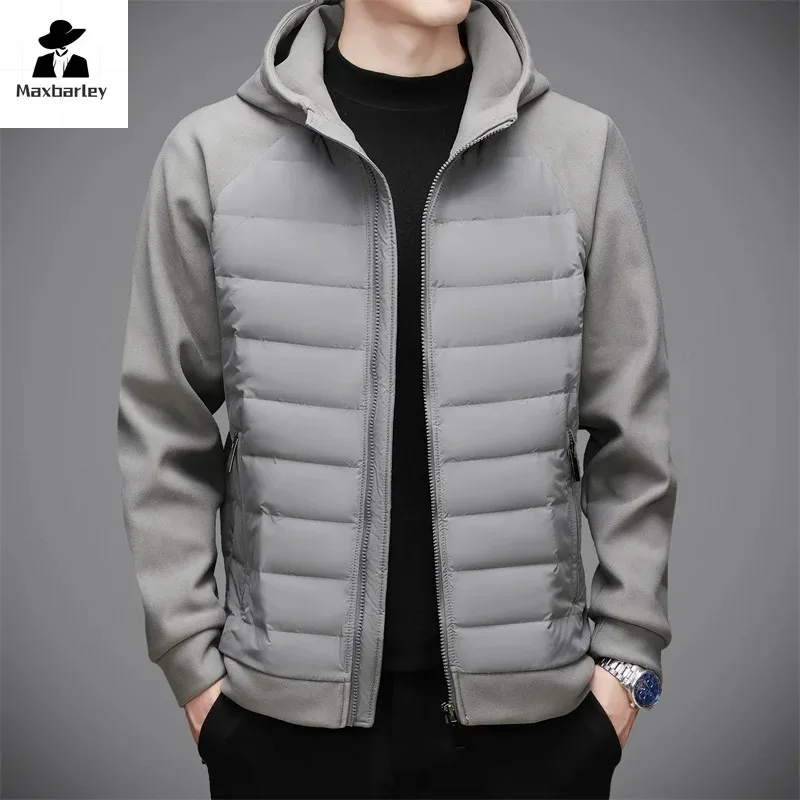 Jaket Down Musim Dingin Pria, mantel berkerudung tahan angin kasual olahraga putih hangat ringan merek mewah 2024