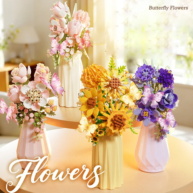 

Idea Home Furnishing Building Brick Sunflower Rose Lily Construction Mini Block Butterfly Flower Bottle Toys For Girls GIfts
