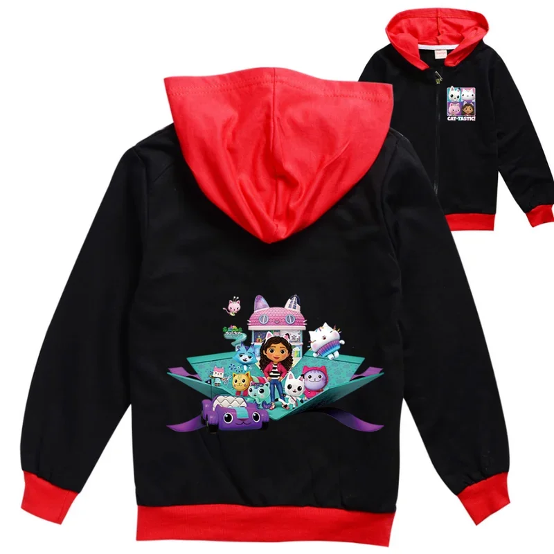 Pull à capuche avec fermeture éclair pour enfants, vêtements d'extérieur décontractés, sweat-shirt pour bébés garçons et filles, vêtements de course Gabby, maison de chats, dessin animé, nouveau