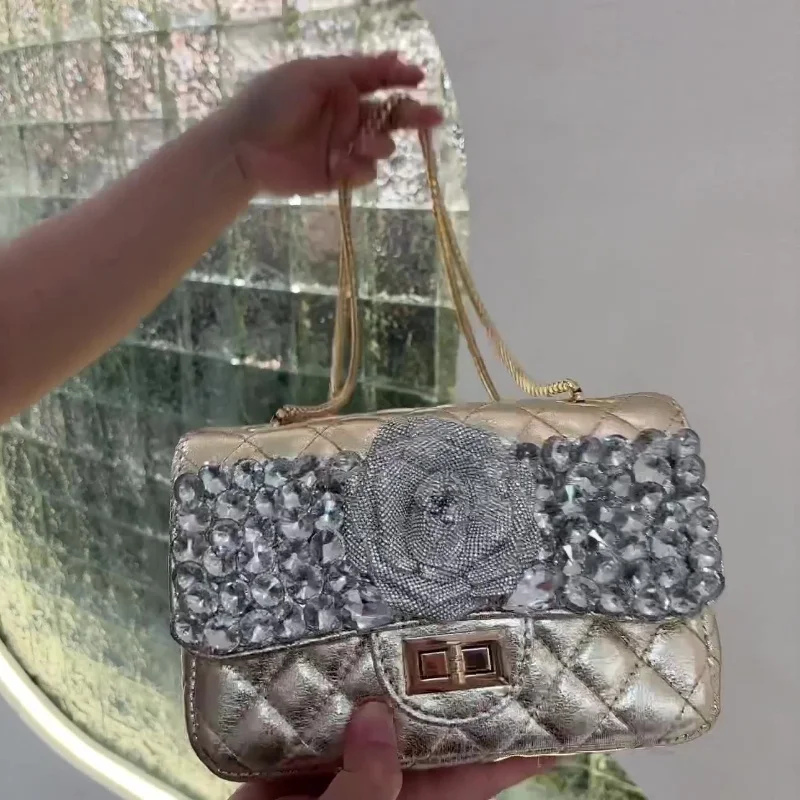 

2025 Diamond-encrusted Rhombus 3D Flower Pattern Chain Shoulder Bag Women Luxury Lattice Evening Clutch Bag Small Sweet Handbags