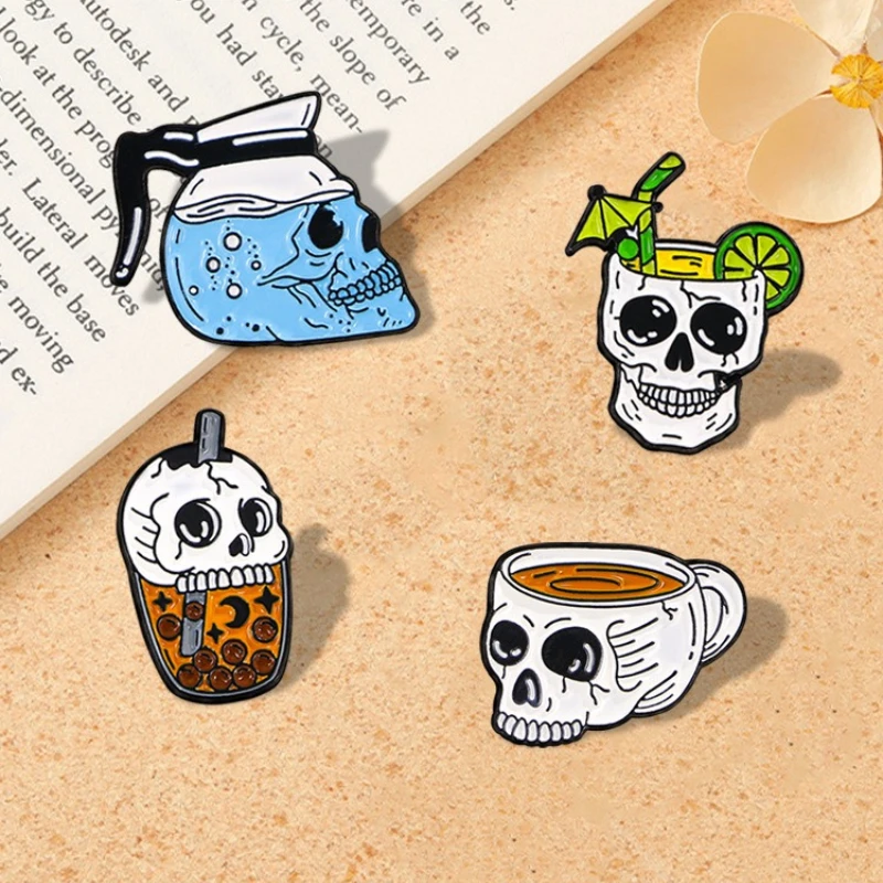 New Skull Coffee Cup Shape Cartoon Brooch Cartoon Punk Style Alloy Badge Pin DIY Clothing Bags Hat