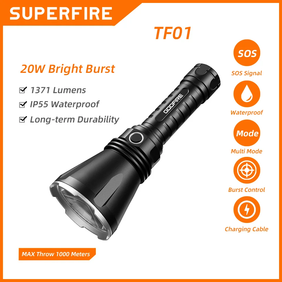 

SUPERFIRE TF01 20W Led Flashlight 1000 Meters Long Range Powerful Torch Super Bright Outdoor Tactical Hand Lamp Camping Lantern