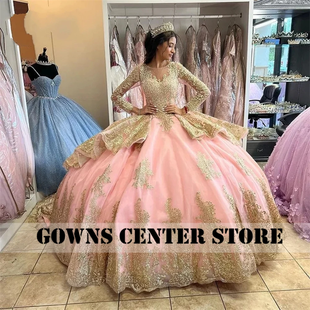 Cinderella Long Sleeve Pink Quinceanera Dresses Light Gold Sequin Appliques Ball Gown Birthday Gown Sparkly Lace-Up Sweet 16