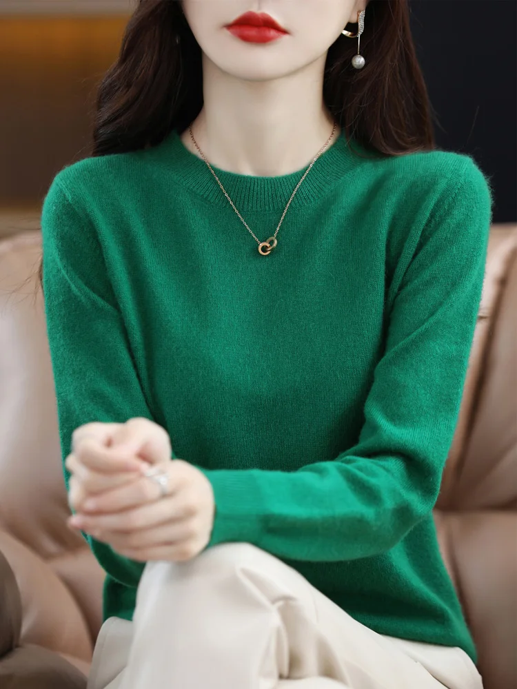 Fashion 100% Merino Wool Women\'s Sweater O-Neck Long Sleeve Pullover Spring Autumn Winter Basic Jumper Clothing Knitwear Tops