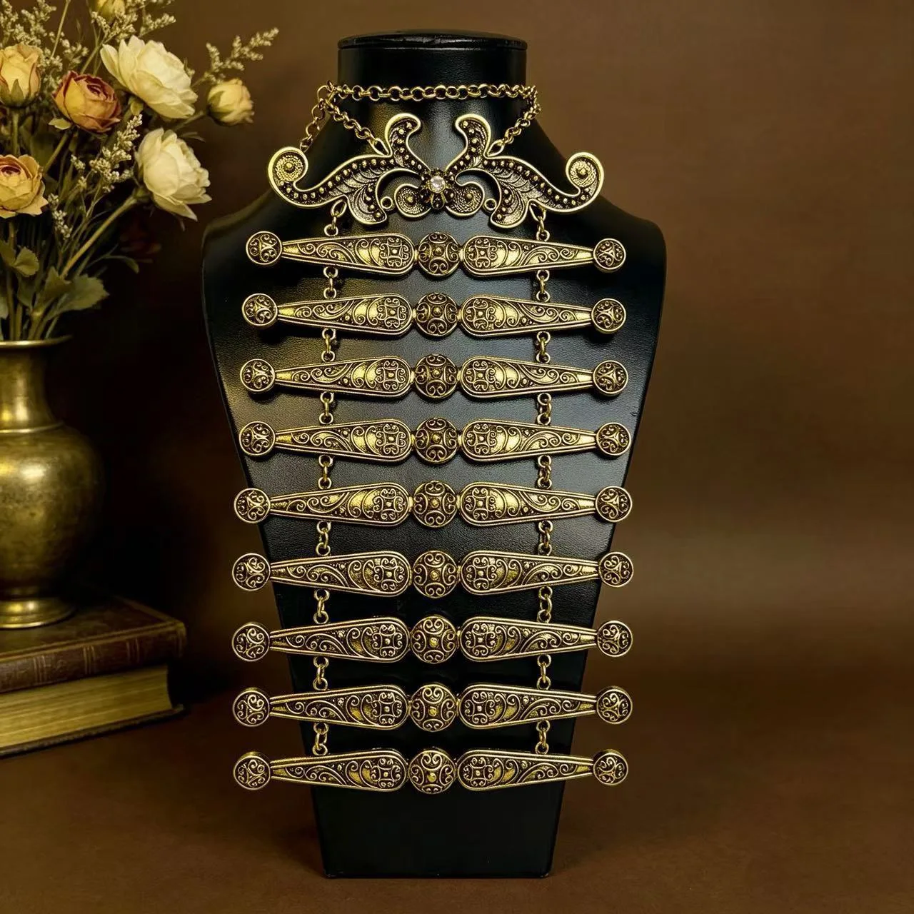 POYASA Vintage Ingush Caucasian Crimean Women's Breastplate Traditional Central Asian Wedding Bride Necklace Embossed Pattern