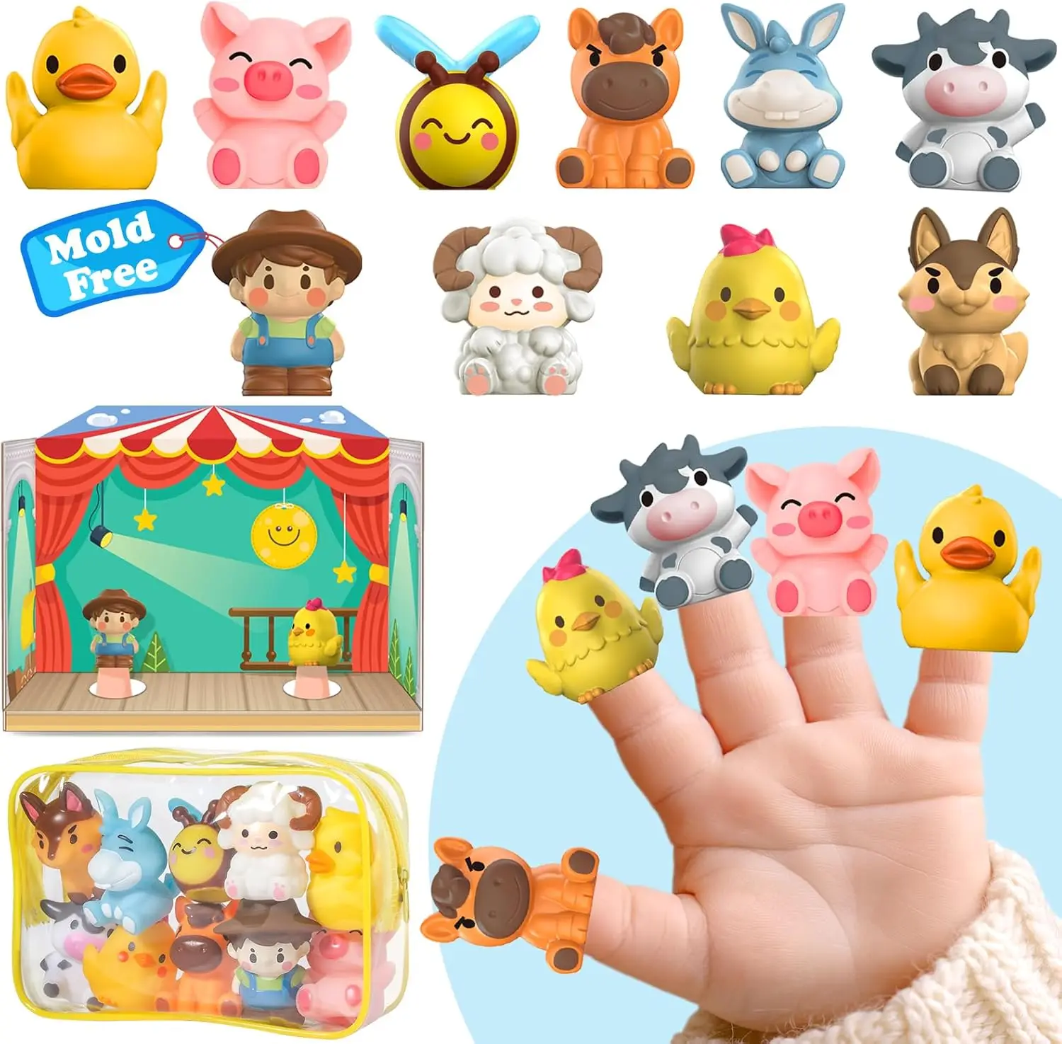 

Farm Animal Finger Puppets Bath Toys for Toddlers 10Pcs with Storage Bag