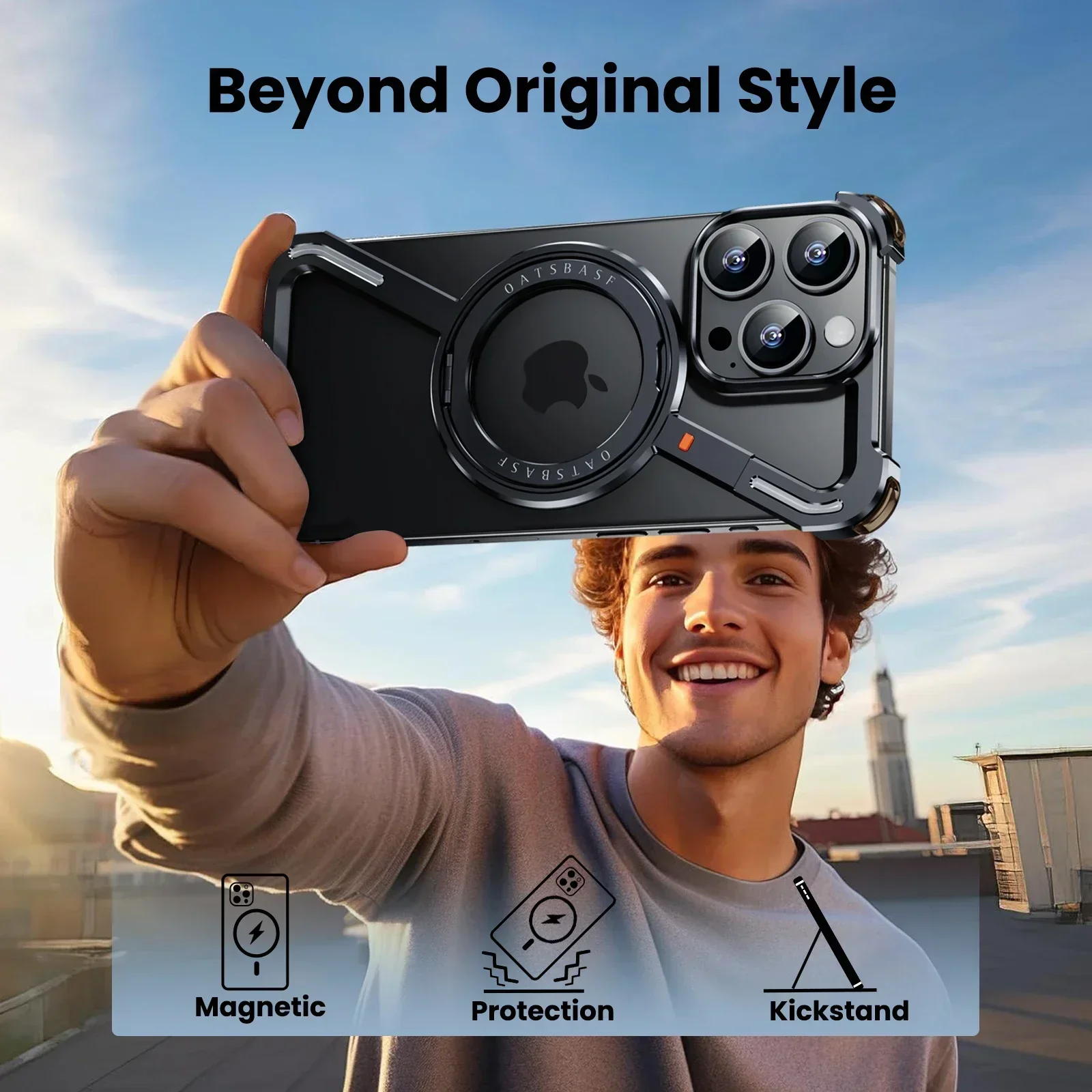 Oatsbasf Z Shape Metal Magsafe Phone Case for iPhone 15 /16 Pro Max Phone Protective Cover Shockproof Bumper w/ Magnetic Ring - view 2