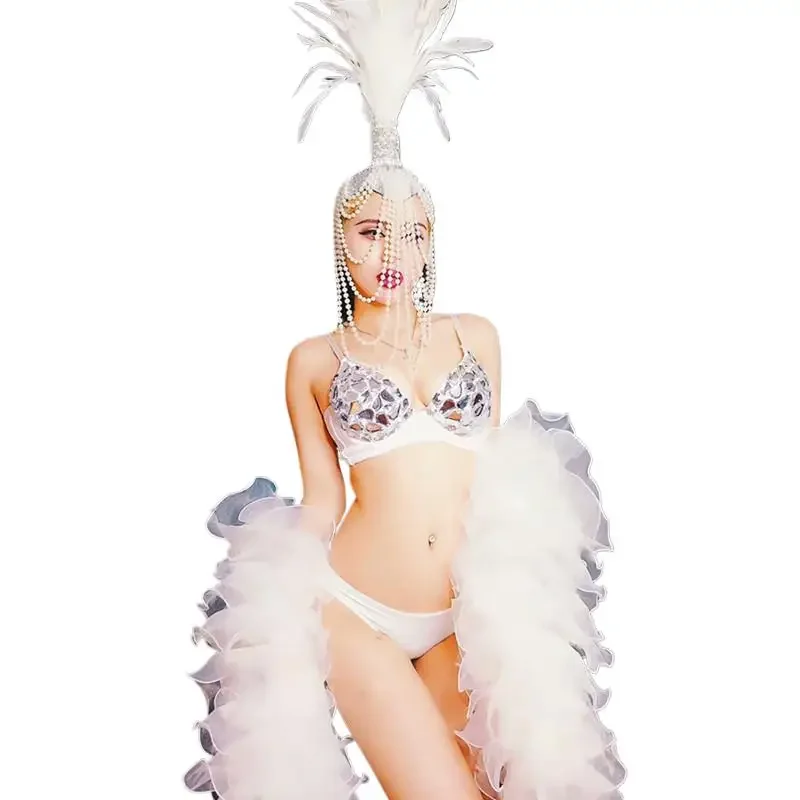 Sexy Nightclub DJ Singer Performance Costume White Crystals Bikini Feathers Beading Headgear Club Party Stage Dance Outfit