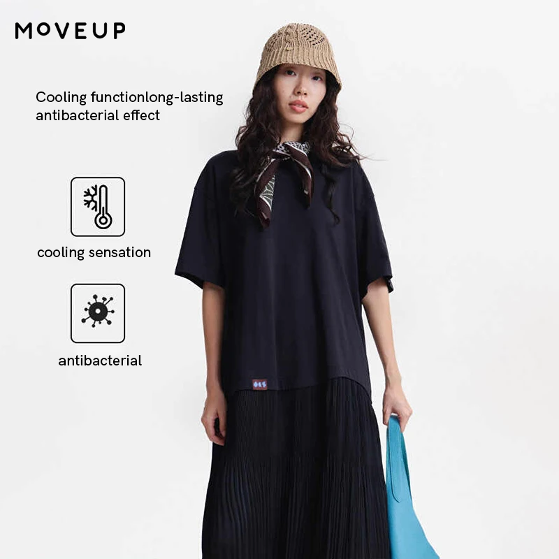 

Платье MOVEUP из шифона однотонного цвета, весна 2026, новинка, с круглым вырезом, с небольшой цветочной аппликацией, плиссированным подолом, вязаное, женское, 3ELC11304