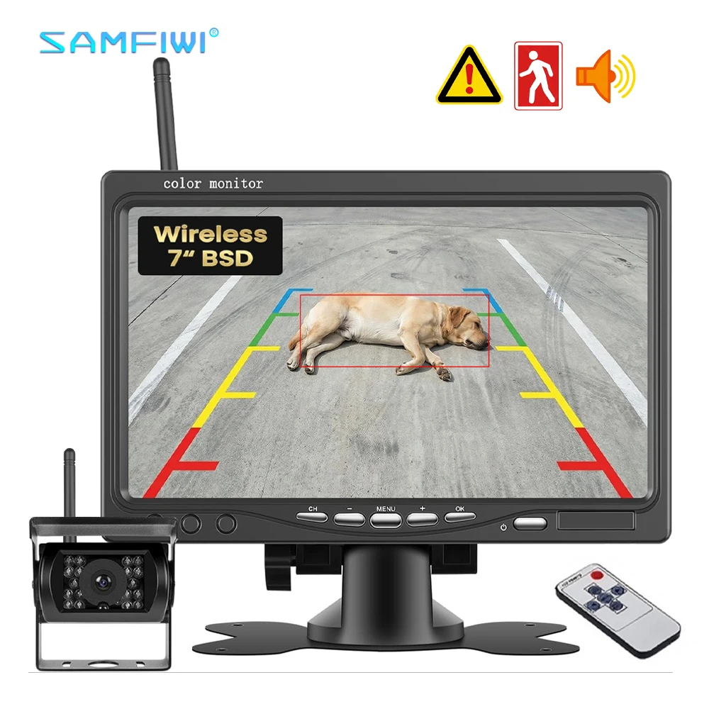 

7" HD Wireless Rear View Camera System BSD Safety Monitoring IP68 Waterproof Easy Installation for RV Camper Truck 4-Channel 2CH