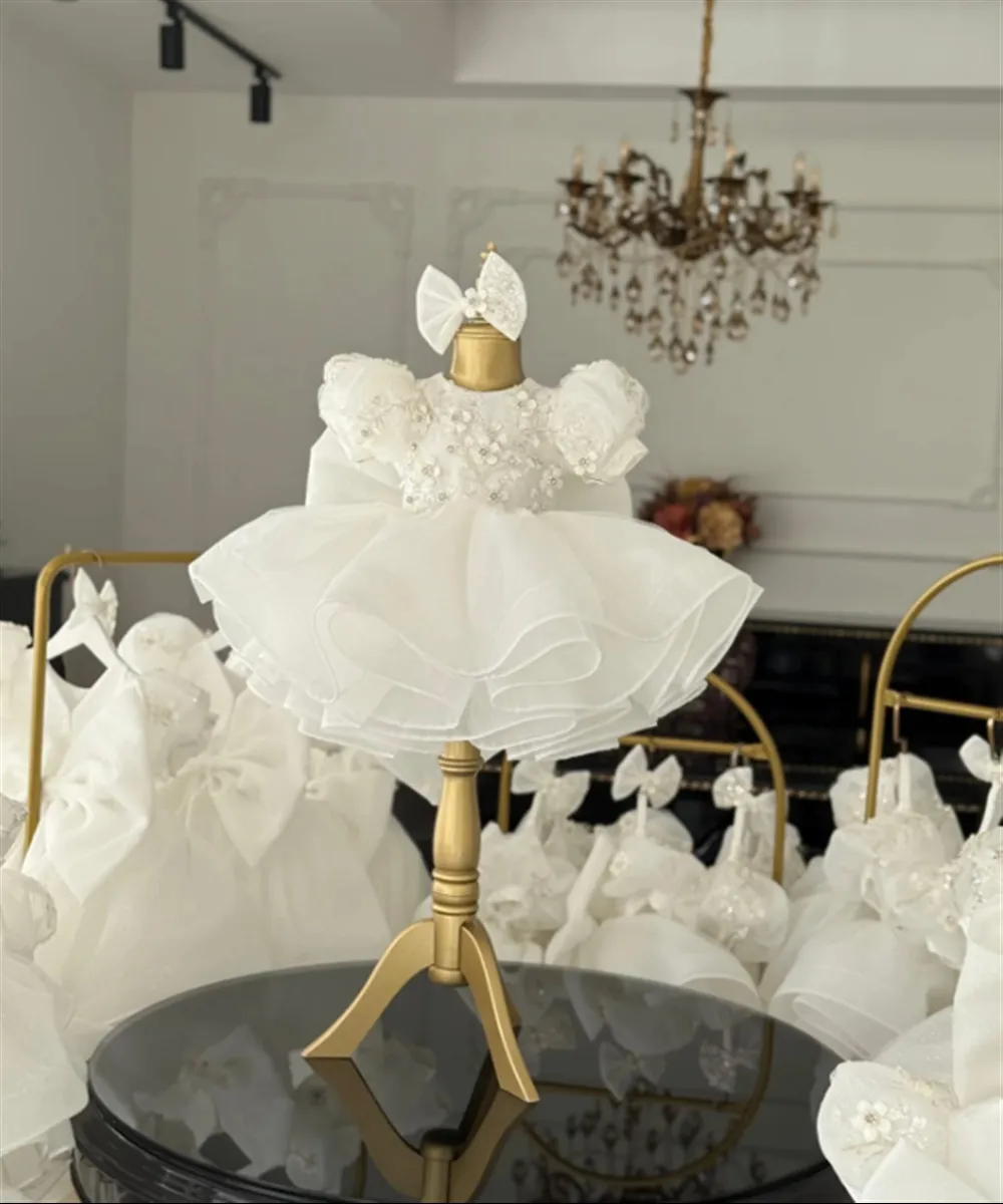 Luxury White Flower Girl Wedding Dress Appliques Floral with Bow Princess Birthday Party Pageant Dress Kids First Communion Gown