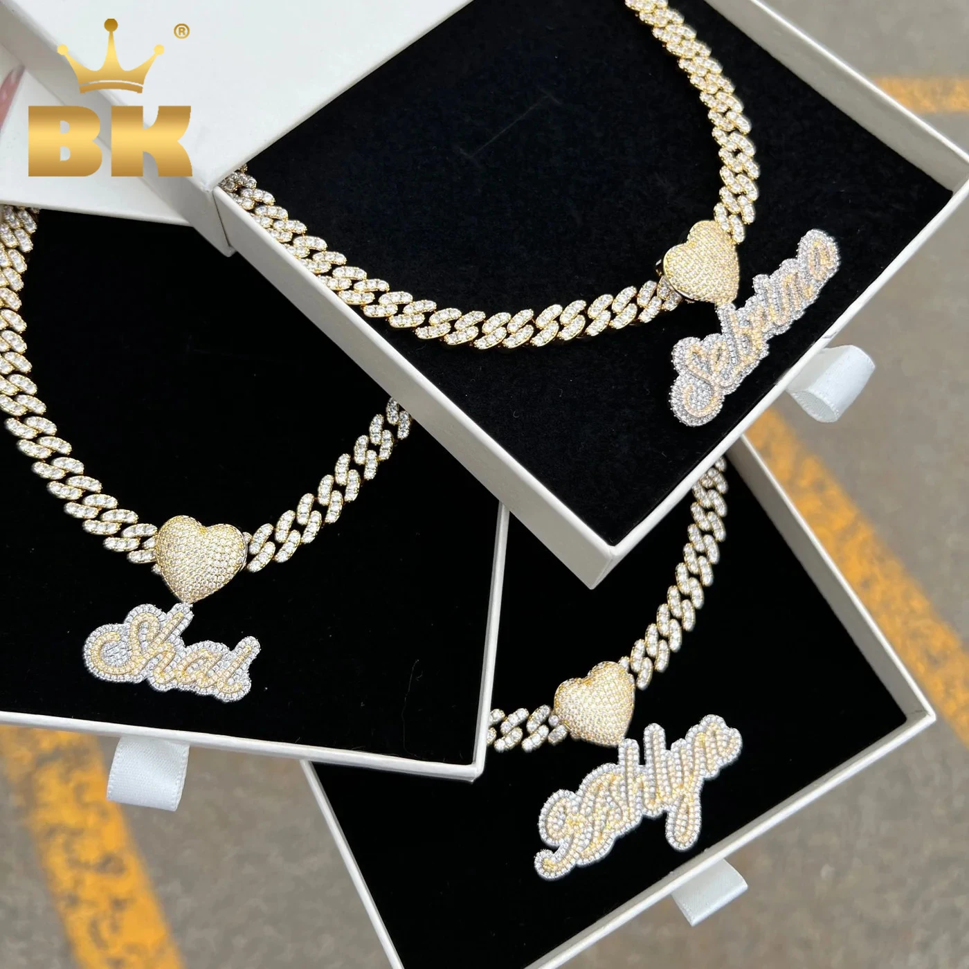 THE BLING KING Custom Two Tone Cursive Name Necklace With Heart Charm Iced Out CZ Personalized Name Pendant HipHop Jewelry Gift