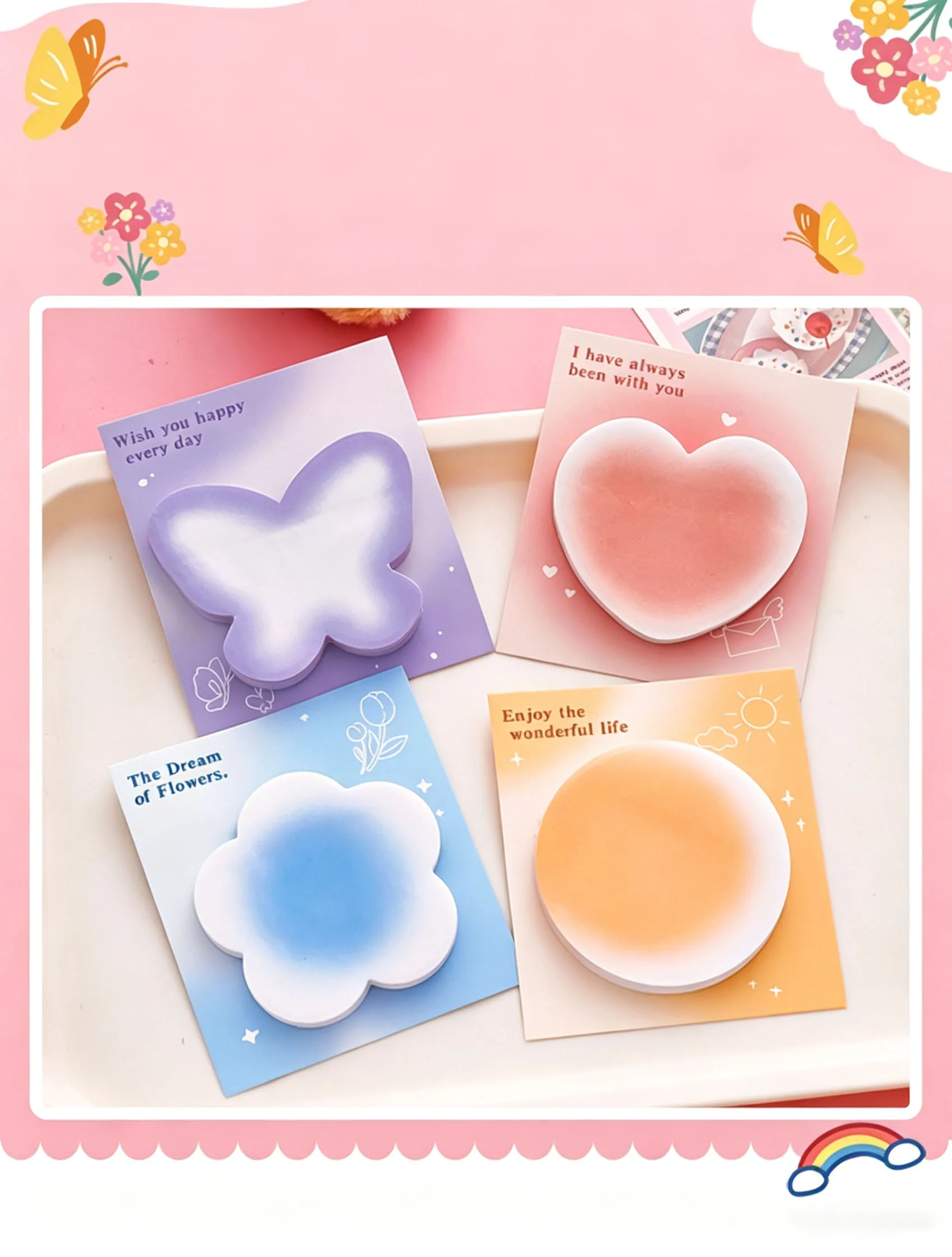 4Pcs Cute Gradient Shape Sticky Notes Self‑adhesive Memo Pad Heart Butterfly Flower Round Notepad Journal School Office