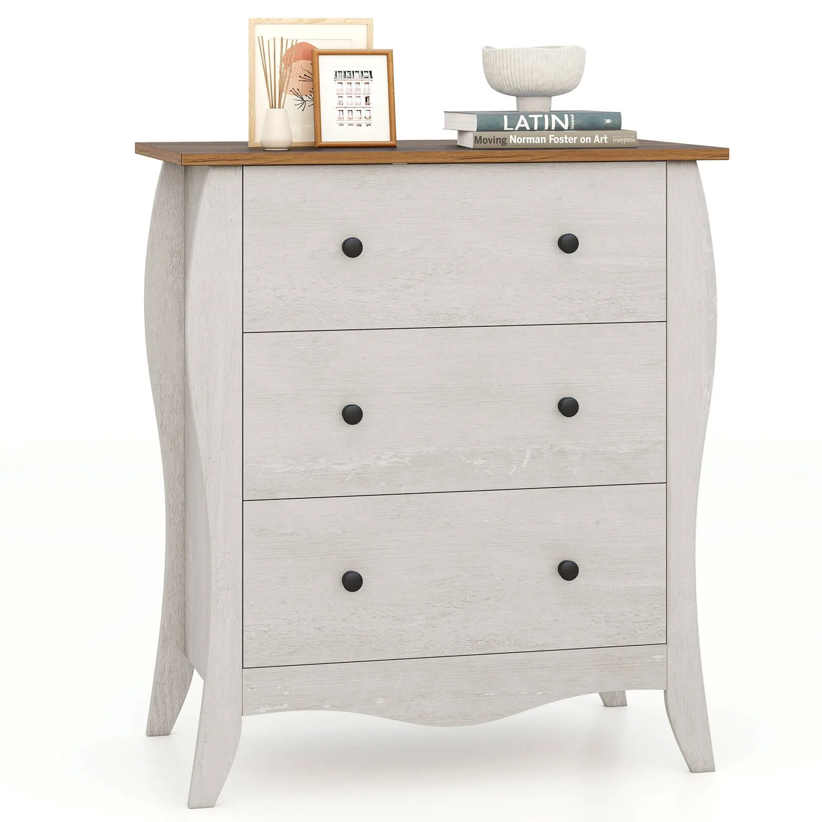 30" Farmhouse Chest of Drawers with 3 Folding Fabric Drawers & Anti-tipping Kit