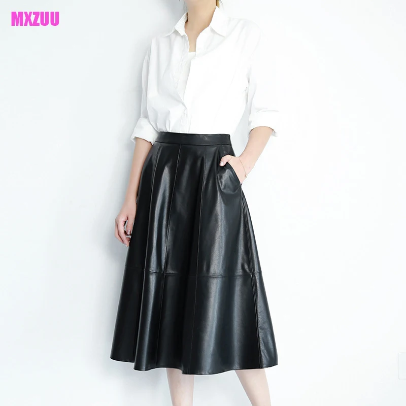 

Umbrella Skirts Women Genuine Leather High Waist Big Hem Three Colors Mid-length Dress Mujer Sheepskin A-line Faldas Cortas