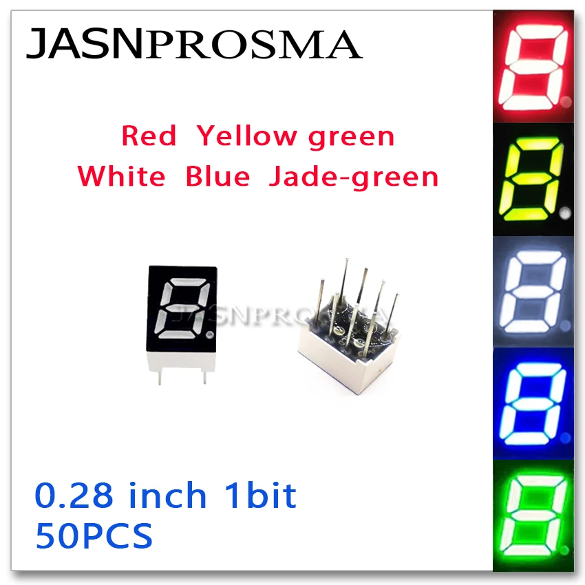 

JASNPROSMA 50 шт. 0,28 дюйма, 7 сегментов, 1 бит, трубка, красный, желтый, нефрит, зеленый, синий, белый, 0,28 дюйма, общий катод, светодиодный дисплей