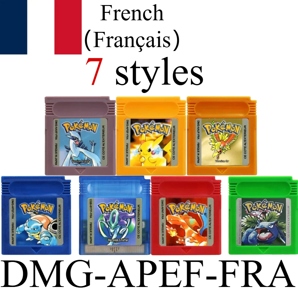 

Игровой картридж GBC French Language, 16-битная карта для игровой консоли, серия Pokemon, красный, желтый, синий, кристалл, золото, серебро