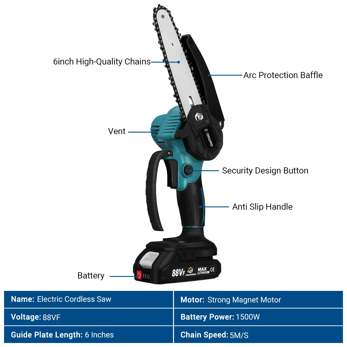 Drillpro 6 Inch 1500W Electric Chainsaw Variable Speed Woodworking Garden Pruning Saw Sharpener Power Tool forMakita Battery