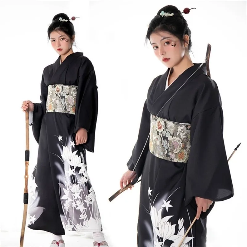 Women's Black Kimono Long Robe Floral Print Photography Wear Japanese Style Traditional Stage Performing Cosplay Costume