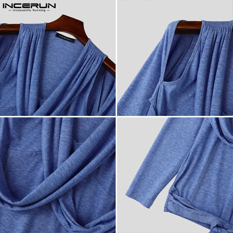 INCERUN Stylish Sexy Men\'s Tops Halter Neck Off Shoulder Solid Long Sleeve Strap Cross Lace Up T Shirts Casual Loose Tops S-5XL