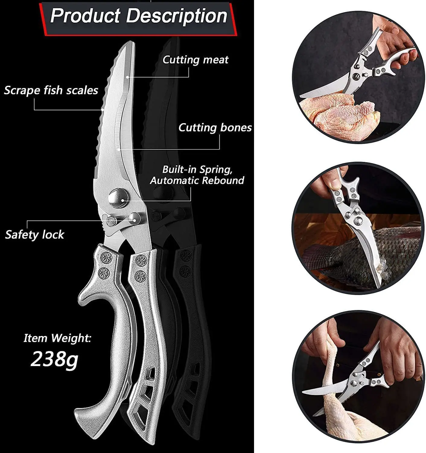 Tijeras de cocina multifuncionales de acero inoxidable, tijeras para alimentos, pollo, hueso, carne, pesca, cangrejo, verduras, tijeras de corte