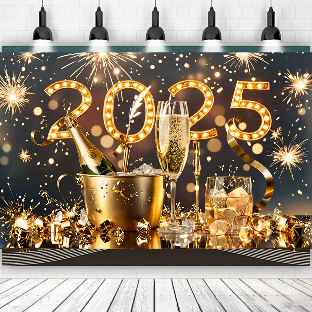 2025 New Year Decoration Happy New Year Spotlight Champagne Theme Party Background Fireworks Family Party Banner Gold Decors