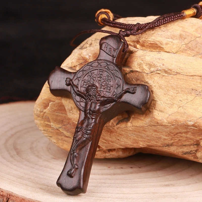 Wood Cross Necklaces for Men Adjustable Leather Rope Sweater Chain Christian Religious Cross Pendant Unisex Jewelry Gift