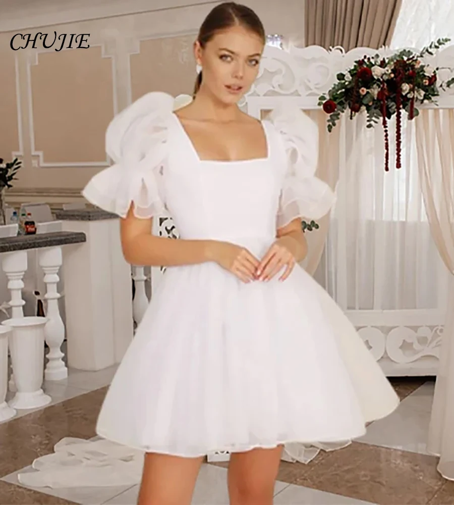 

Short Wedding Dresses Bride Dress Lace Up Puffy Sleeves Backless Tulle Appliques Mini Bridal Party Gowns A Line Vestido de Novia