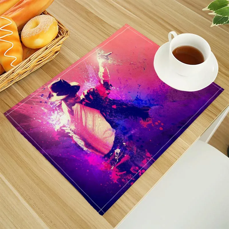 Home Decor Michael Jackson Print Linen Dining Table Mats Alphabet Kitchen Placemat 30X40cm Coasters Pads Bowl Cup Mat