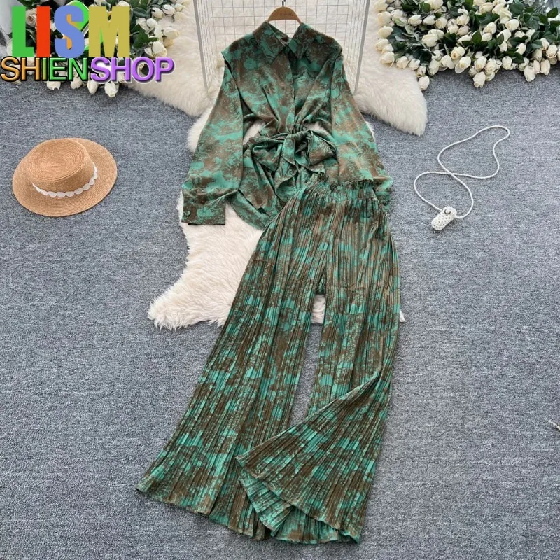 

LISM winter woman outfit Two Pieces Sets lace up loose print Top Fashion Hotsweet High Waist Elastic Waist Wide Leg Pant Sets