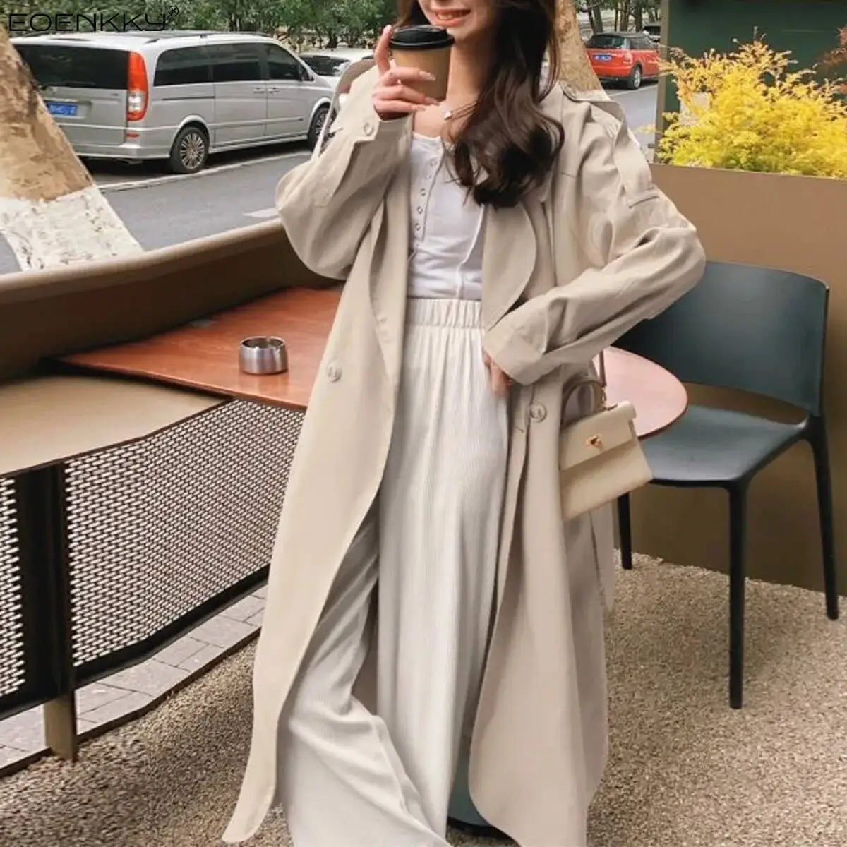 

EOENKKY Double-breasted Solid-color Versatile Design 2025 Spring New Style High-quality Long Windbreaker Coat For Ladies