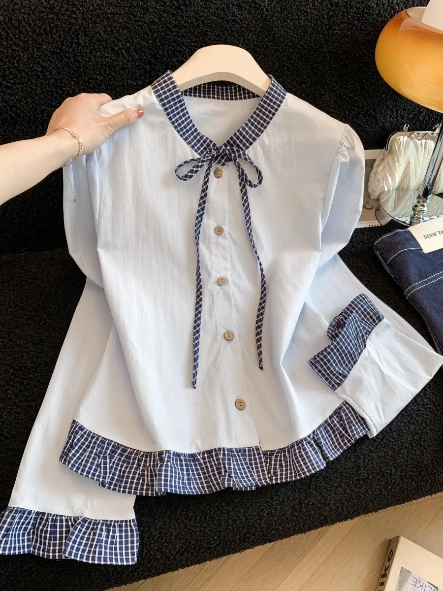 

Korean Style Plaid Shirt Women's Spring New Ageless Beautiful Single Wear Doll Blue Checkered Shirt Top Korean Style Loose Fit