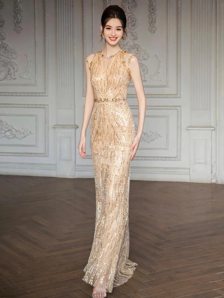 

Gold Heavy Work Evening Gown Women Ele Sequin Bridal Fi Tail Dr Luxury Engagement Dinner Par Performance Dr