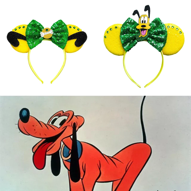 

Disney Anime Pluto Headbands Baby Women Goofy Headwear Girls Green Sequins Bow Hair Accessories Kid Festival Bone Ears Hairband