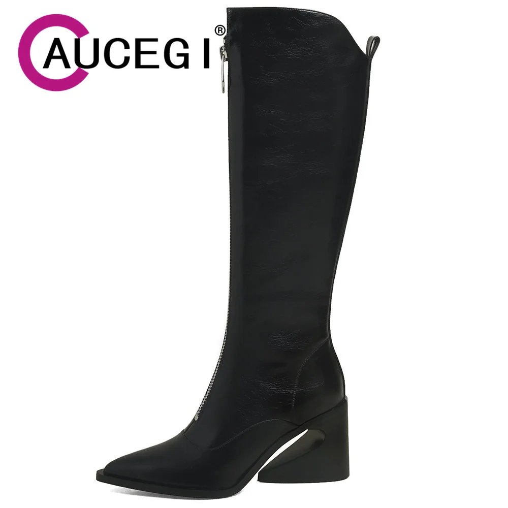 

Aucegi Genuine Leather Special-Shaped Chunky Heels Knee High Boots Sexy Pointed Toe Women New Party Casual Front Zipper Shoes